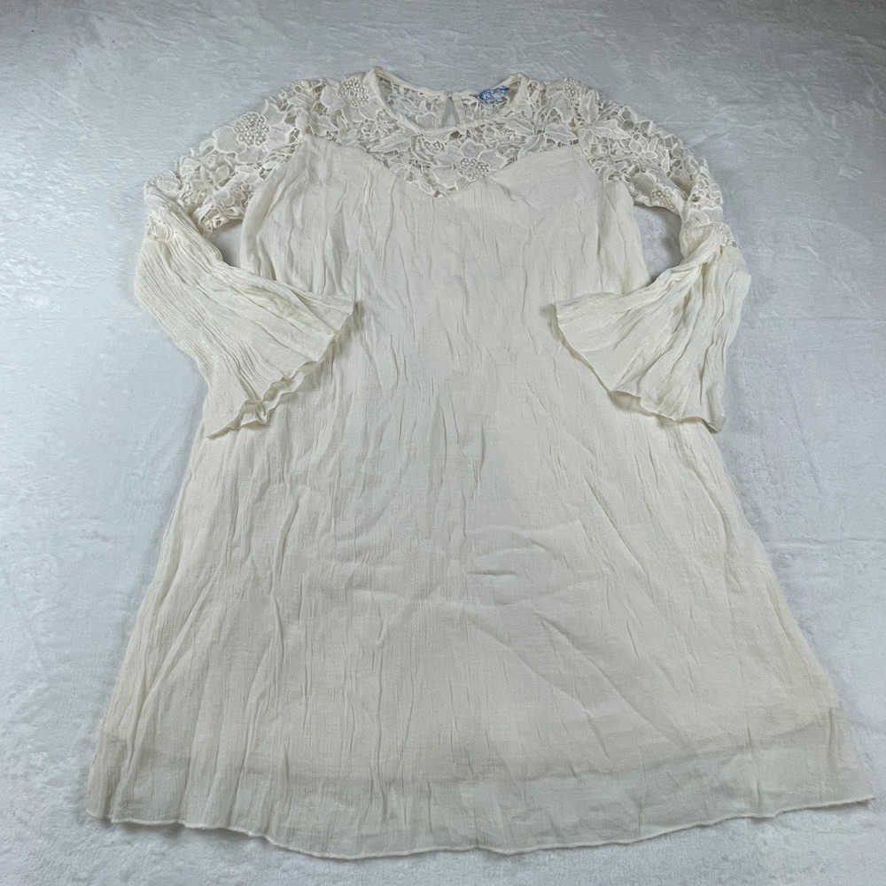 J. Gee Ivory Lace Yoke Bell Sleeve Gauze Mini Dress Womens Large Boho Cream